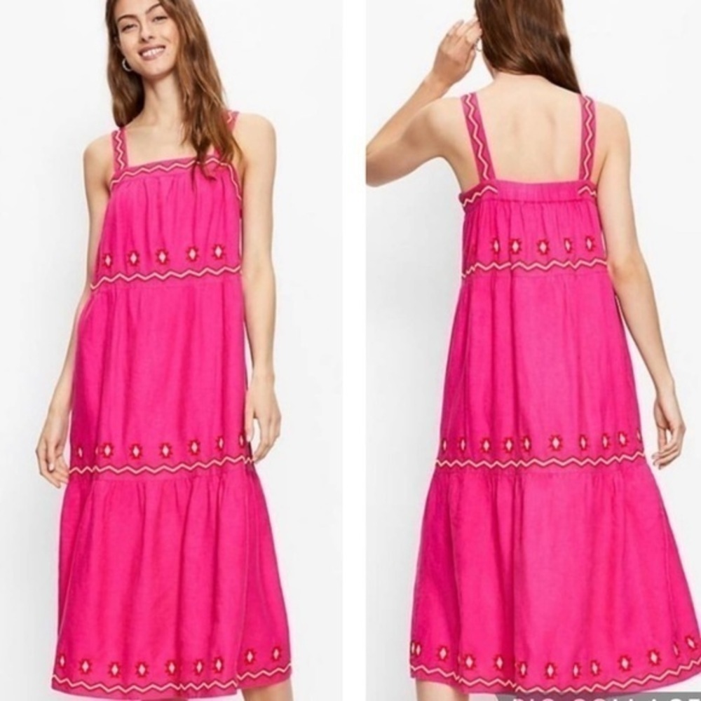 Loft Pink Linen Blend Embroidered Tiered Square Neck Maxi Dress